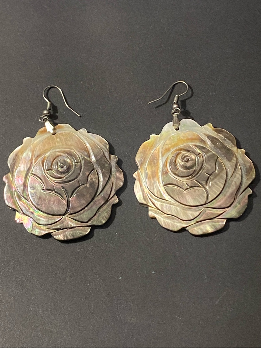 Vintage Hand Carved Mother-of-Pearl Rose Blossom Drop Earrings Iridescent